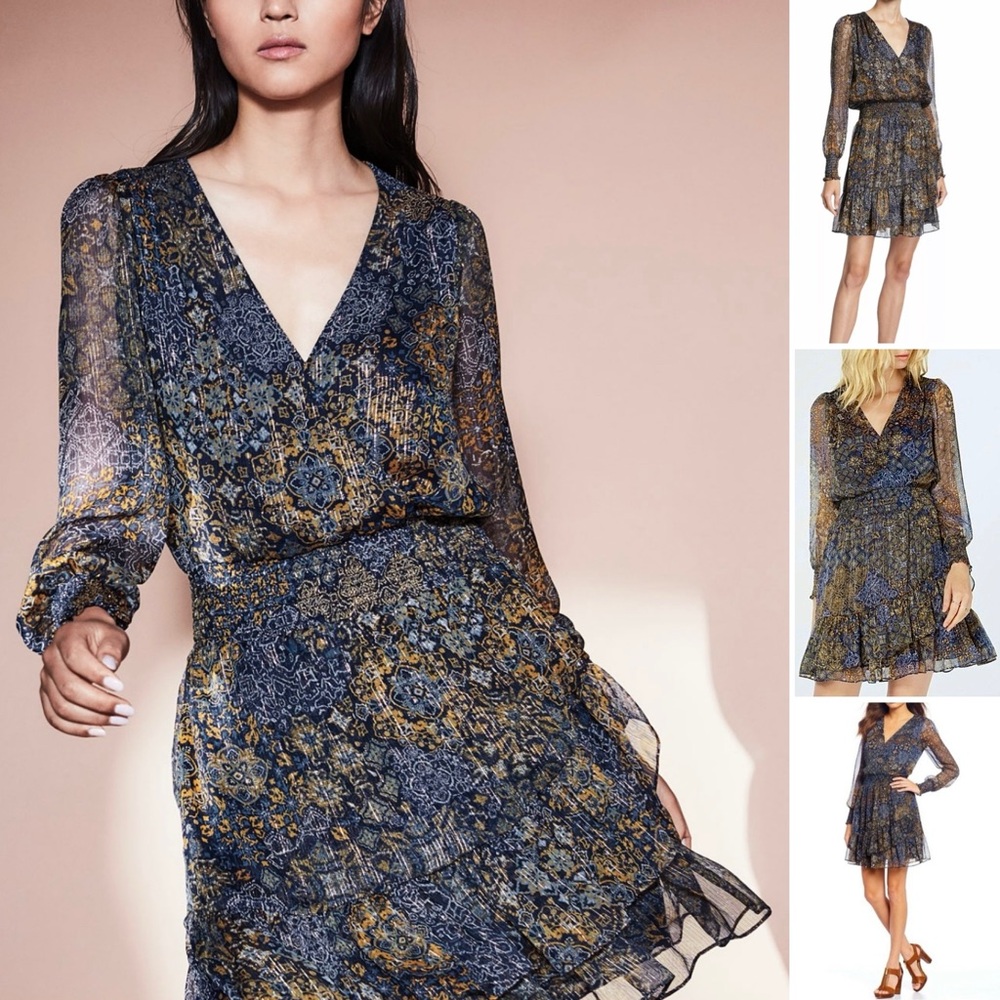 MICHAEL KORS Faux Wrap Chiffon Mini-Dress Mega Patchwork Print Tiered
